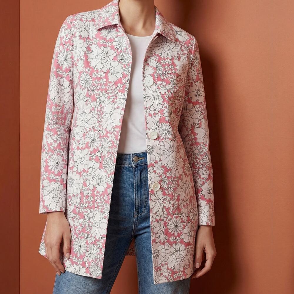 Ann Taylor LOFT Pink White Floral Longline Blazer Jacket Car Coat 4P